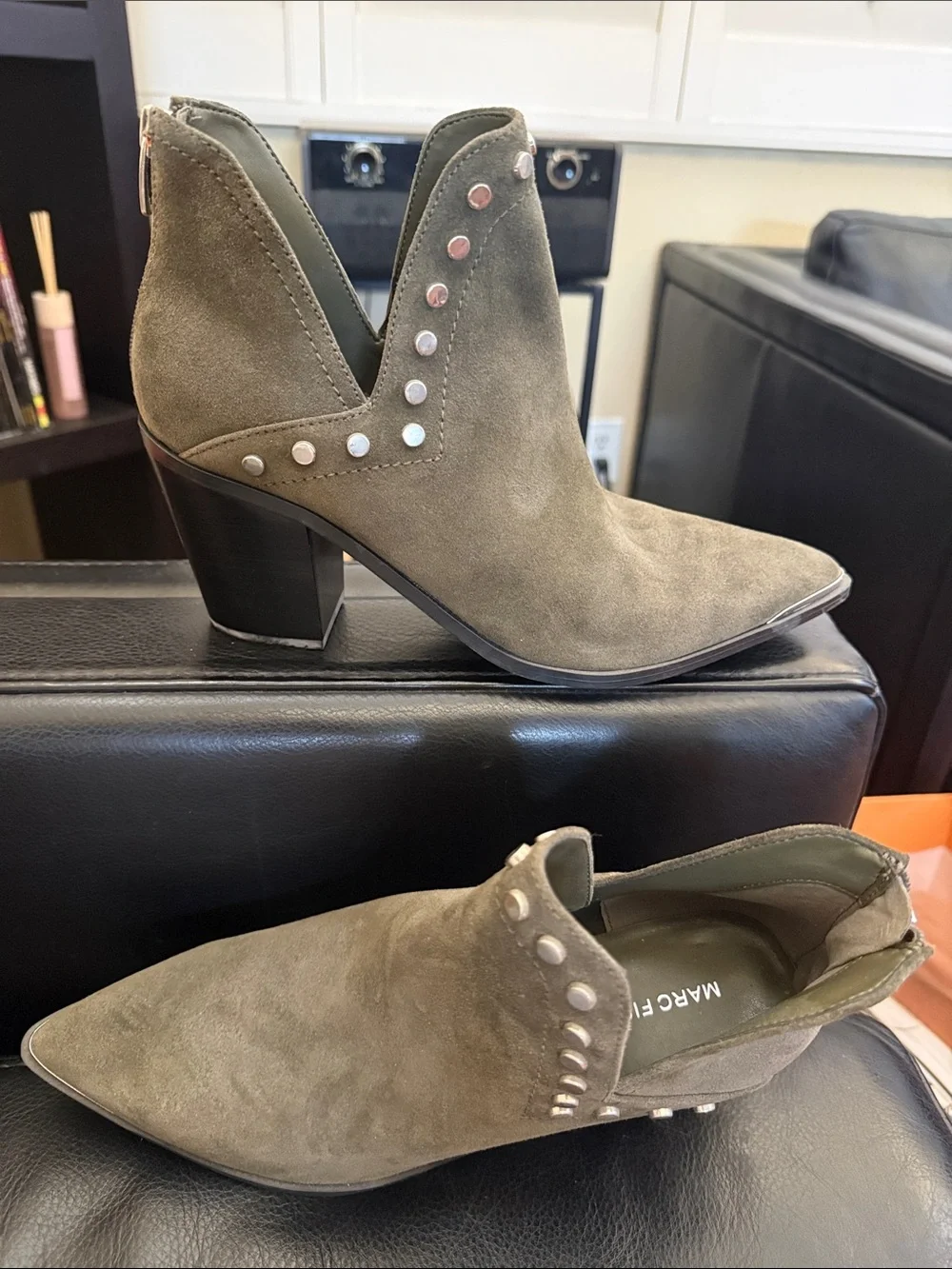 Marc Fisher Olive Suede Studded Pointed-Toe Booties